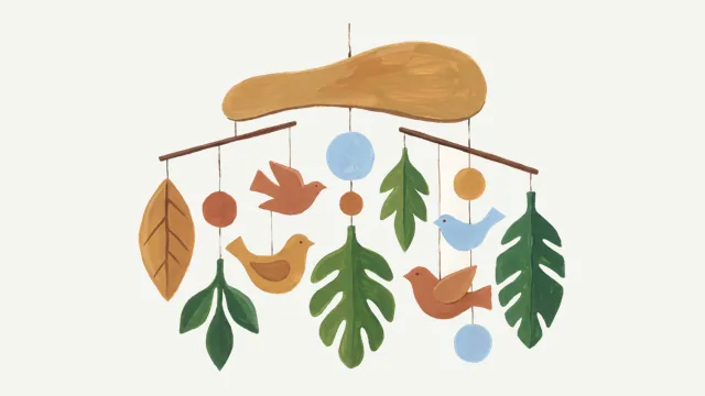 A gouache painting of a hanging mobile of carved wooden birds and leaves balanced on slender arms.