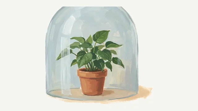 A gouache painting of a glass bell-jar cloche standing over a single small potted plant.