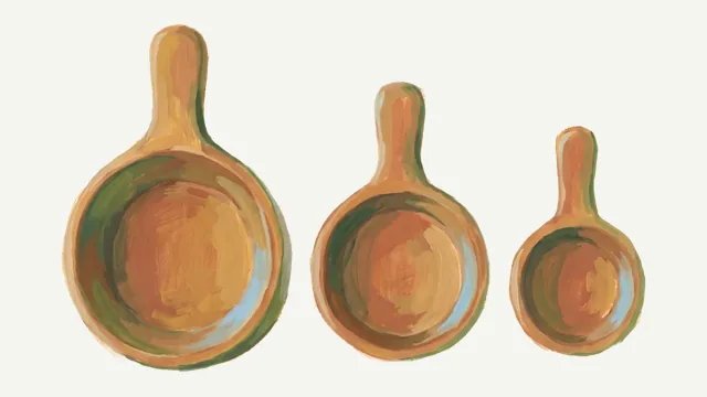 A gouache painting of three wooden measuring scoops standing in a row, each smaller than the last.