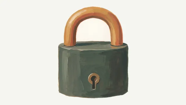 A gouache painting of a closed padlock with a deep green body and a warm ochre shackle.