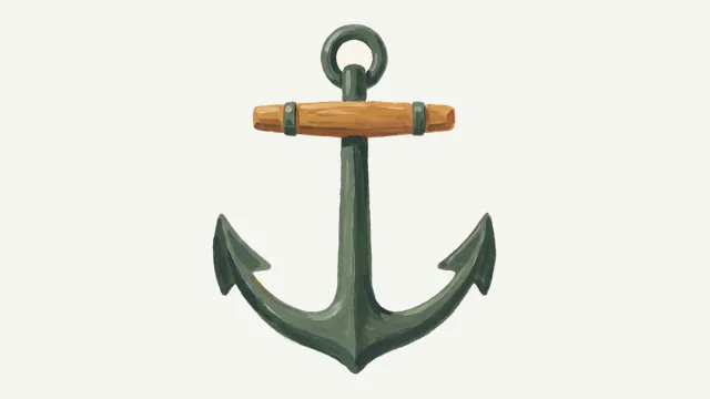 A gouache painting of a ship's anchor in deep green with a warm ochre wooden stock, lying alone.