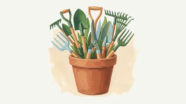 A gouache painting of a terracotta pot crowded with garden tools and implements standing upright, their wooden handles fanning out together.
