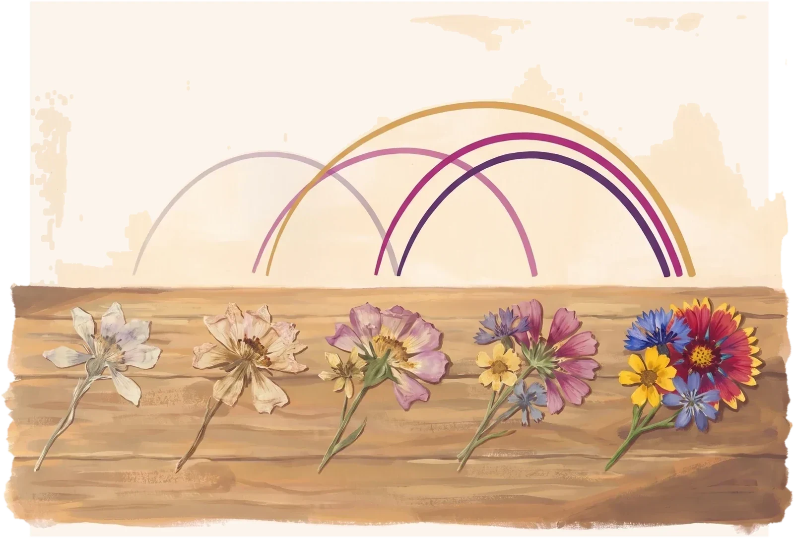 A gouache painting of five pressed wildflowers on a wooden table, the rightmost fresh and bright, each one to the left more faded but still there.
