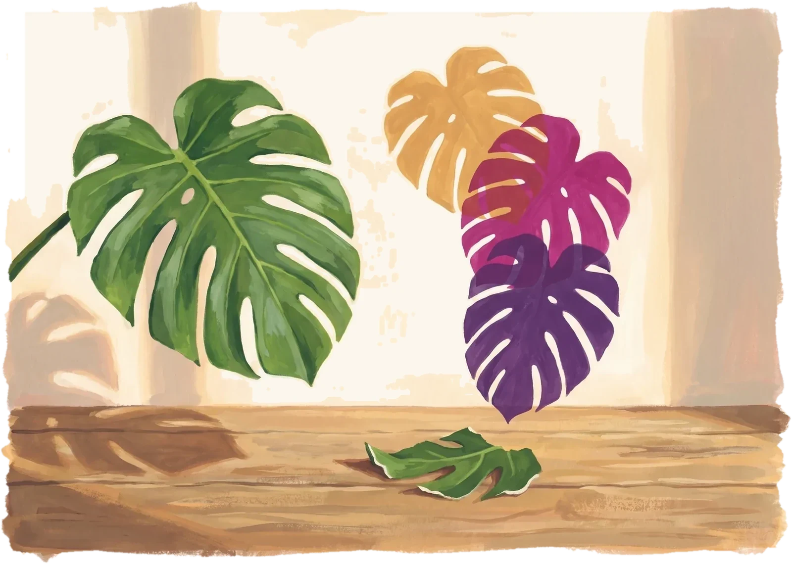 A gouache painting: a torn fragment of a monstera leaf on a table, and above it the whole leaf reconstructed as three offset outlines in amber, magenta and purple.
