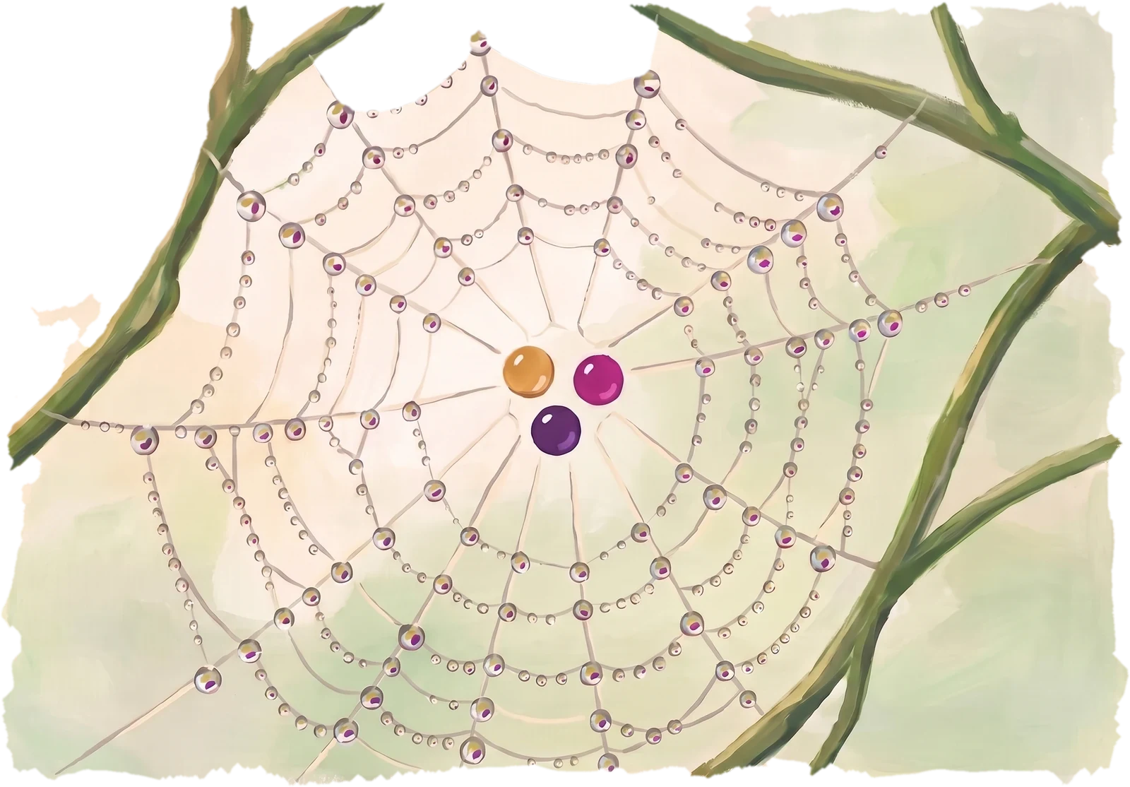 A gouache painting of a dew-covered spider's web between green branches, every drop reflecting the whole scene, with three jewels at the centre in amber, magenta and purple.