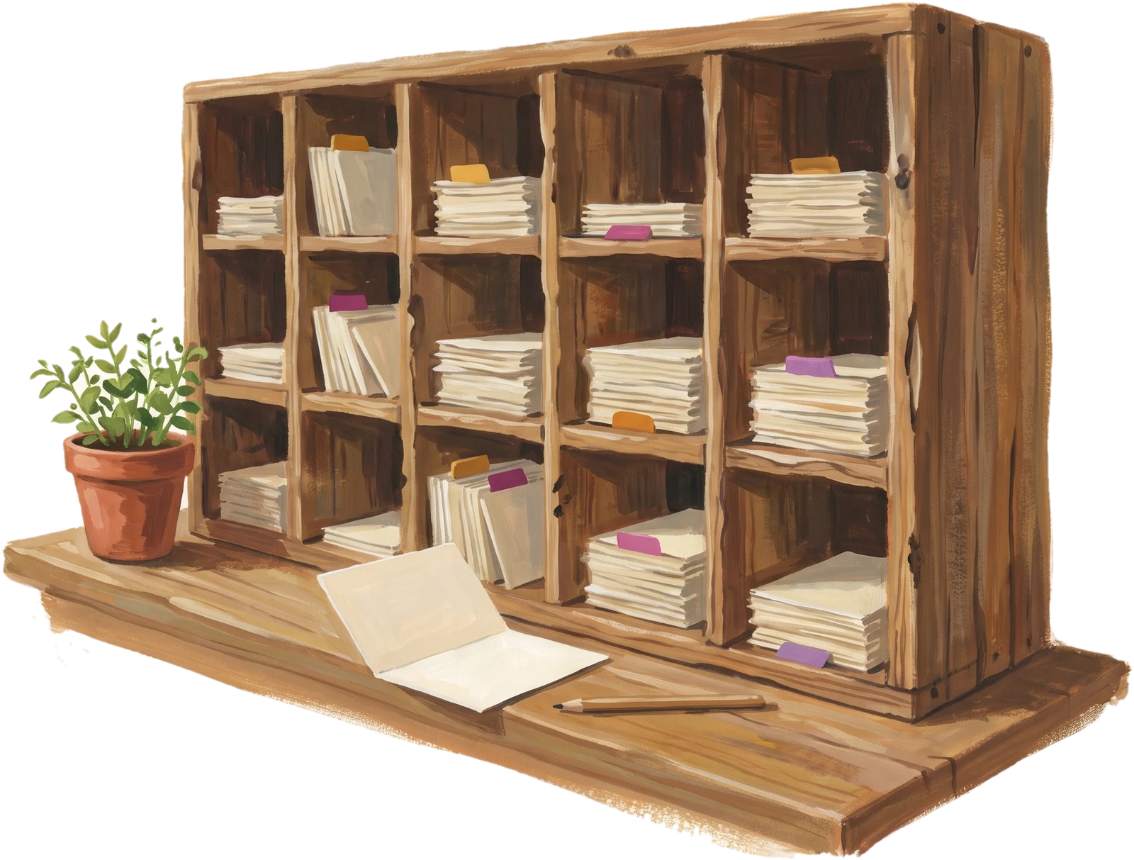A gouache painting of a rustic wooden pigeonhole cabinet seen at an angle, its compartments holding neatly stacked cream cards with small amber, magenta and purple tabs, an open blank card and a pencil on the ledge, and a small potted plant at one end.
